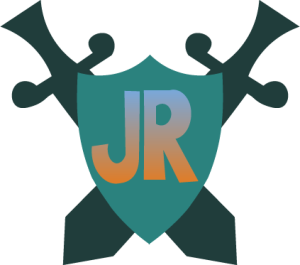 Jakari Richardson Logo: Dark teal shield with two darker teal swords going through the back and a J R on the front with a blue to orange gradient